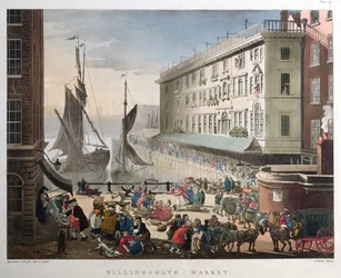 ビリングスゲートマーケット、ロンドン、1808年3月1日公開（アクアチント）